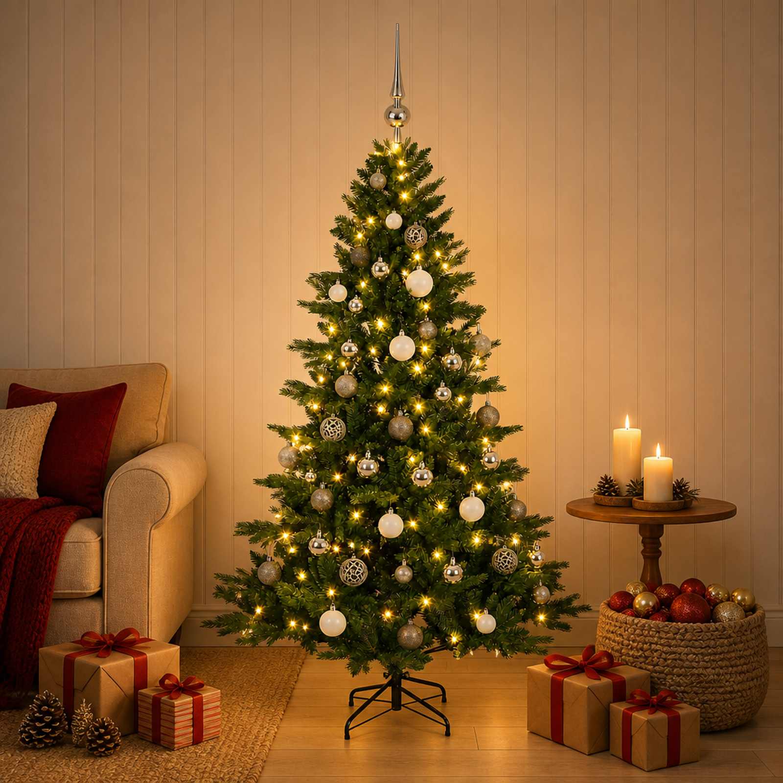 Albero di Natale artificiale con palline 120 cm 150 LED