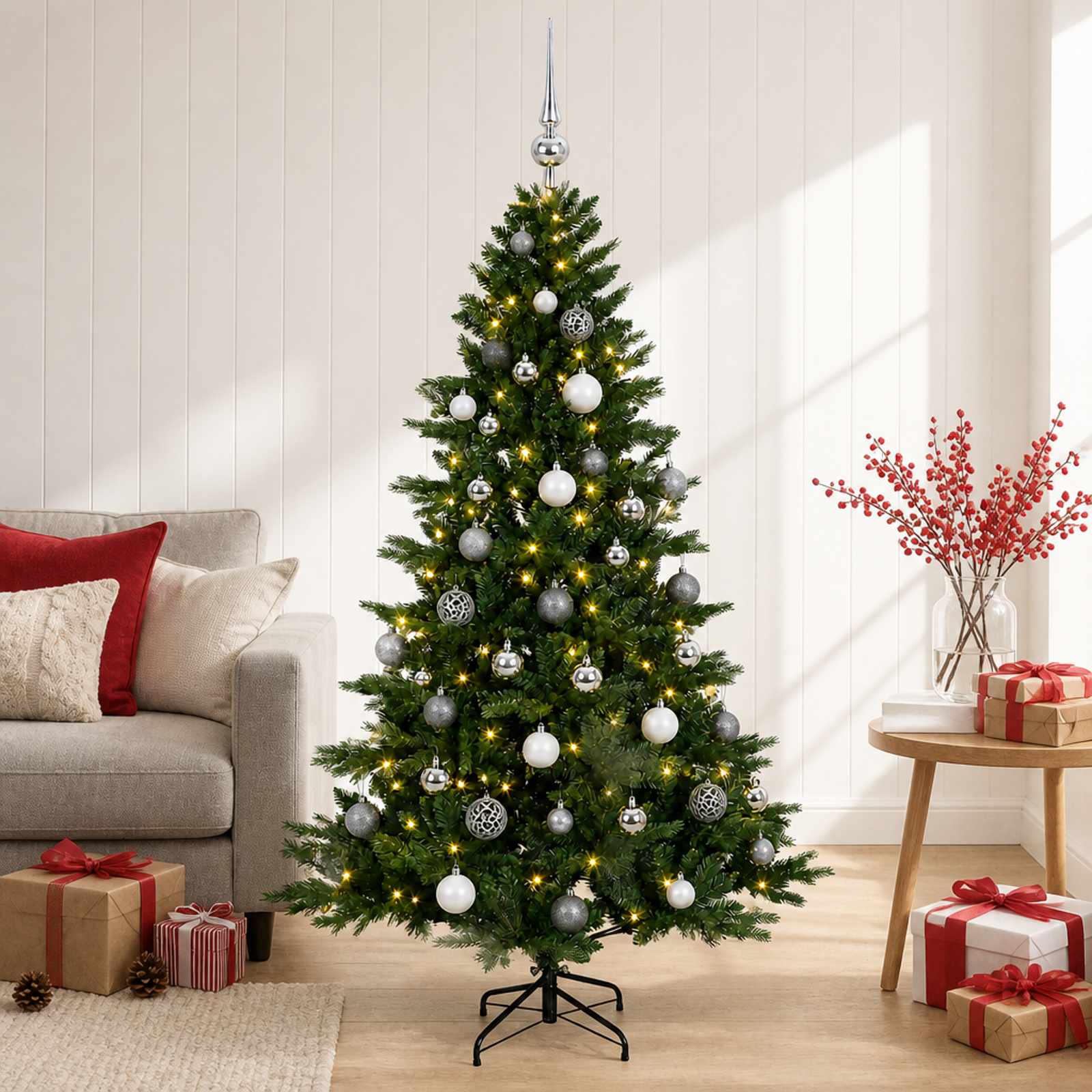 Albero di Natale artificiale con palline 150 cm 150 LED