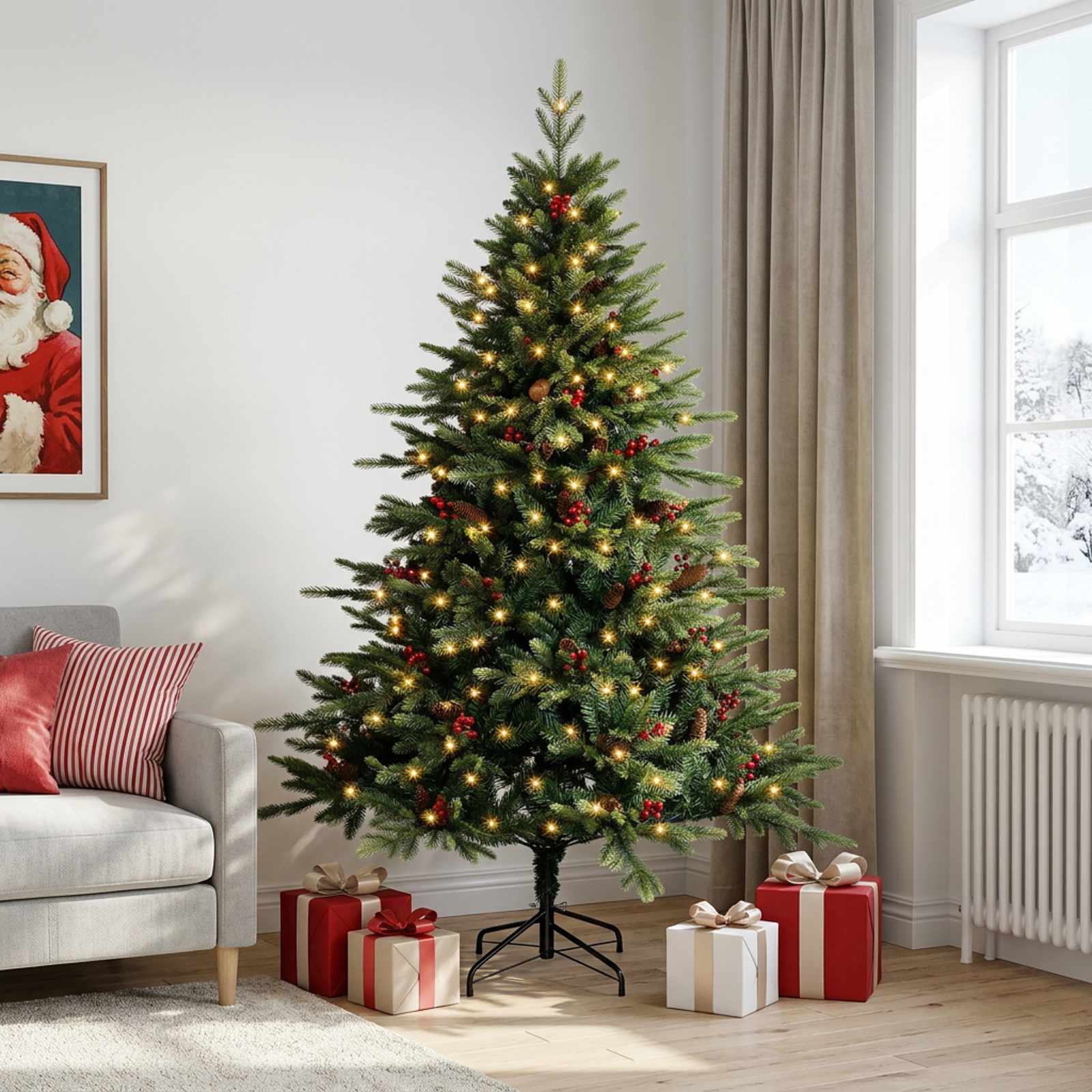 Albero di Natale Artificiale con Rami Pieghevoli 240 cm 300 LED