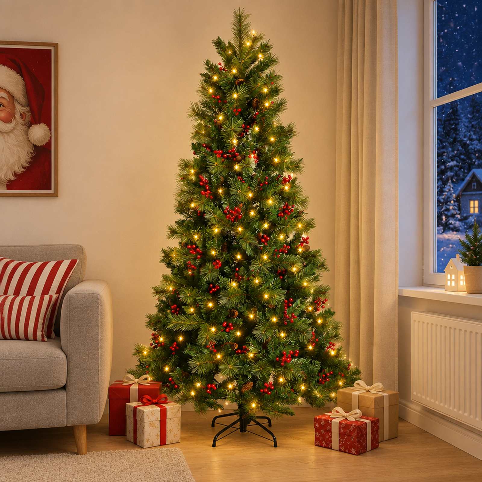 Albero di Natale Artificiale con Rami Pieghevoli 180 cm 300 LED