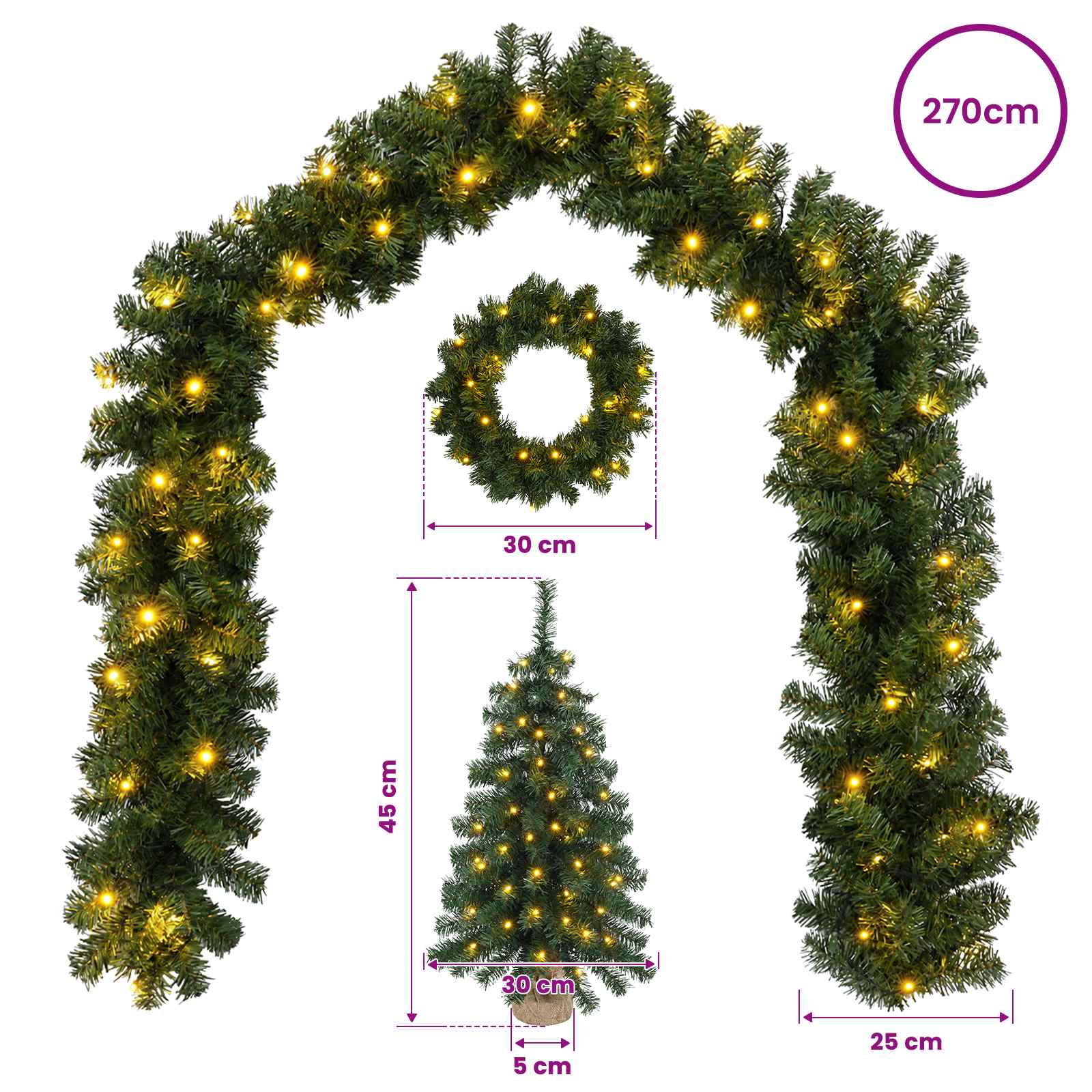 Set mini alberi di Natale 45 cm 125 LED Bianco caldo PVC Verde