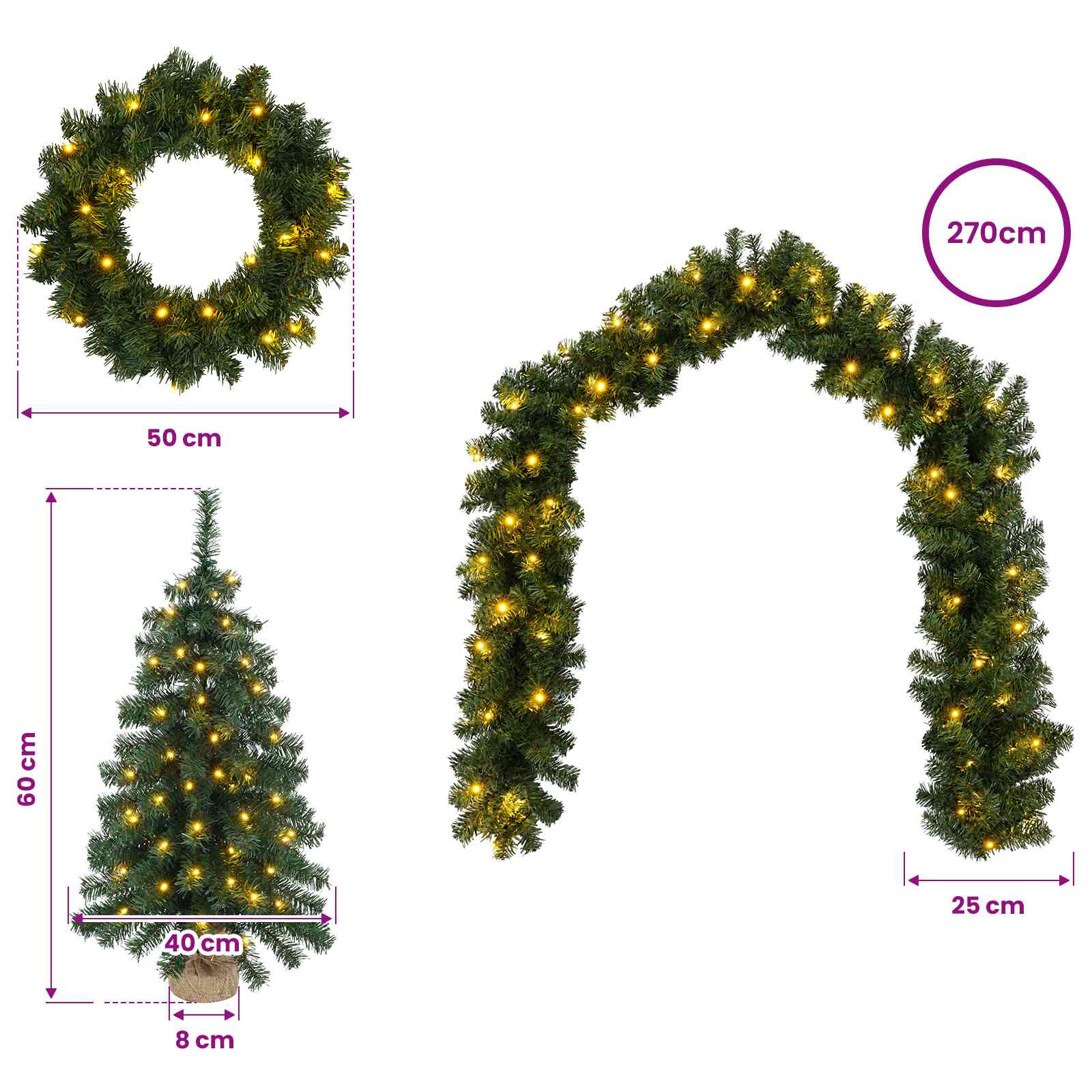 Set mini alberi di Natale 60 cm 125 LED Bianco caldo PVC Verde