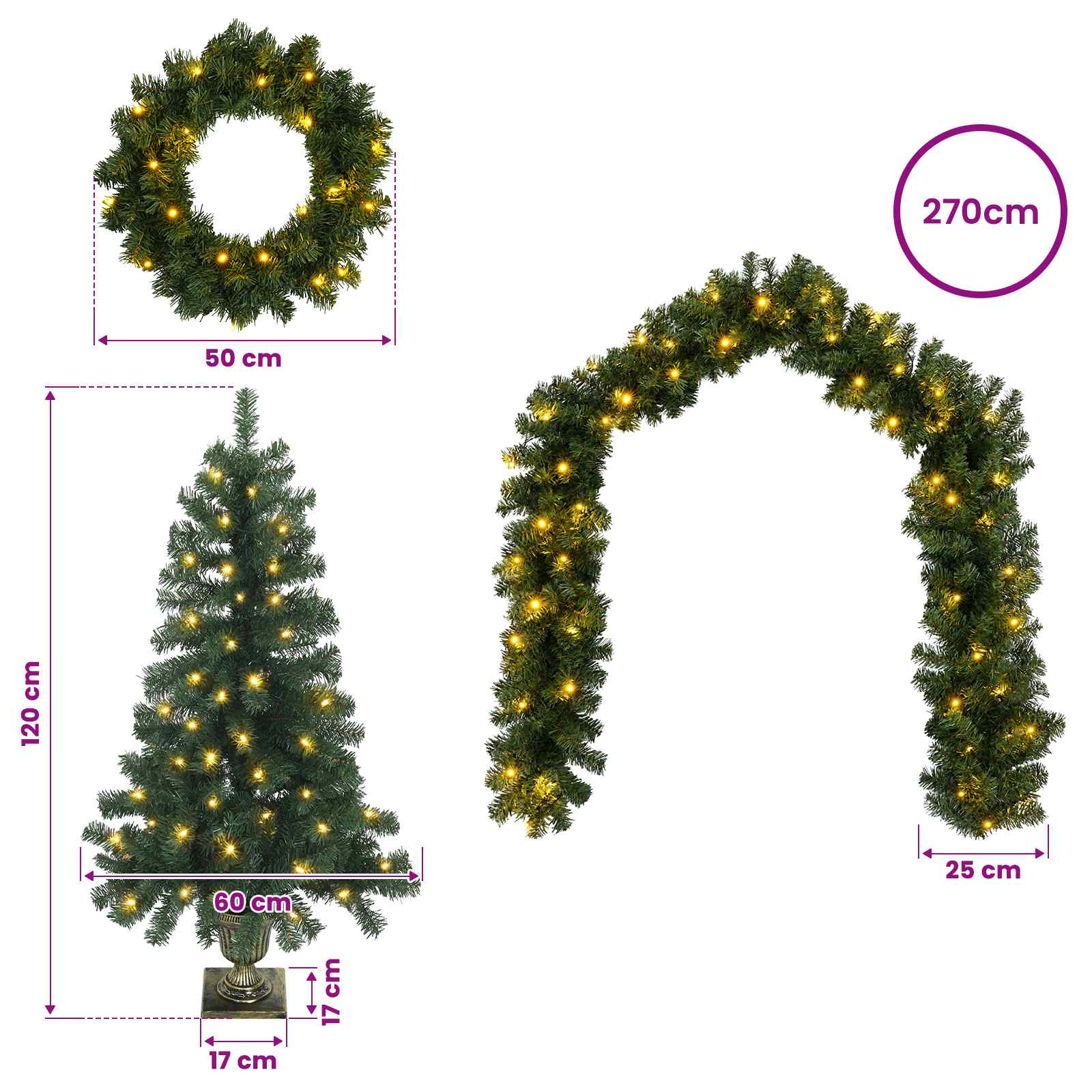 Set mini alberi di Natale 120 cm 275 LED Bianco caldo PVC Verde