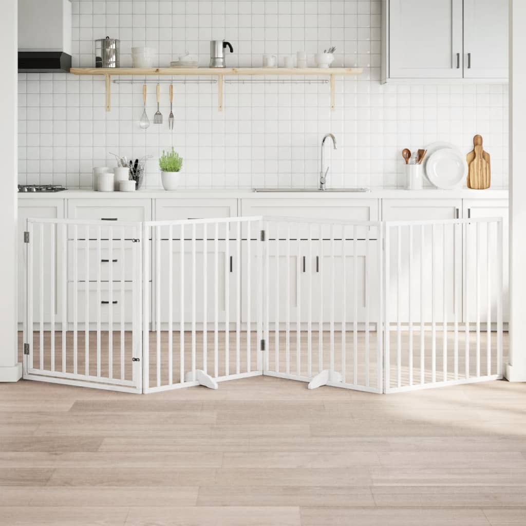 Cancelletto per cani con porta pieghevole 4 pannelli bianco 320 cm in legno di pioppo