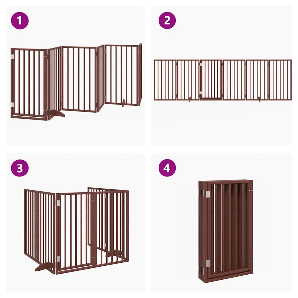 Cancelletto per cani con porta pieghevole 6 pannelli marrone 300 cm in legno di pioppo