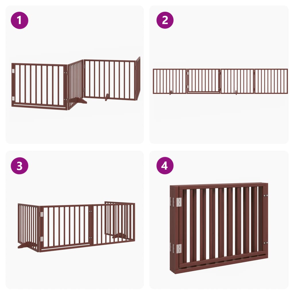 Cancelletto per cani con porta pieghevole 4 pannelli marrone 320 cm in legno di pioppo