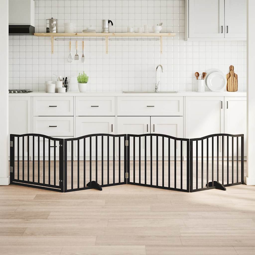 Cancelletto per cani con porta pieghevole 4 pannelli nero 320 cm in legno di pioppo