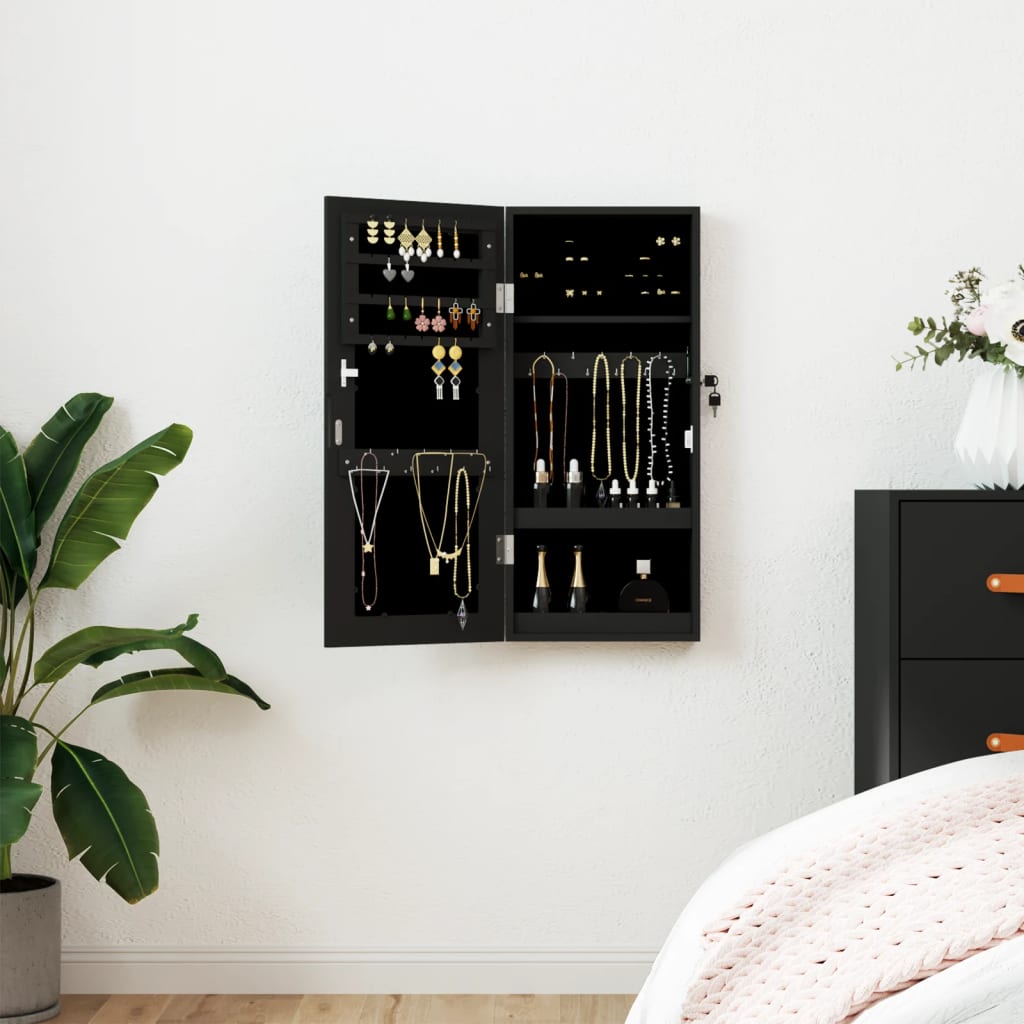 Armadio Portagioie con Specchio a Muro Nero 30x8,5x67 cm
