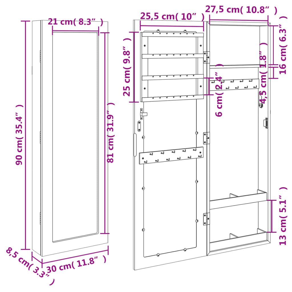 Armadio Portagioie con Specchio a Muro Bianco 30x8,5x90 cm