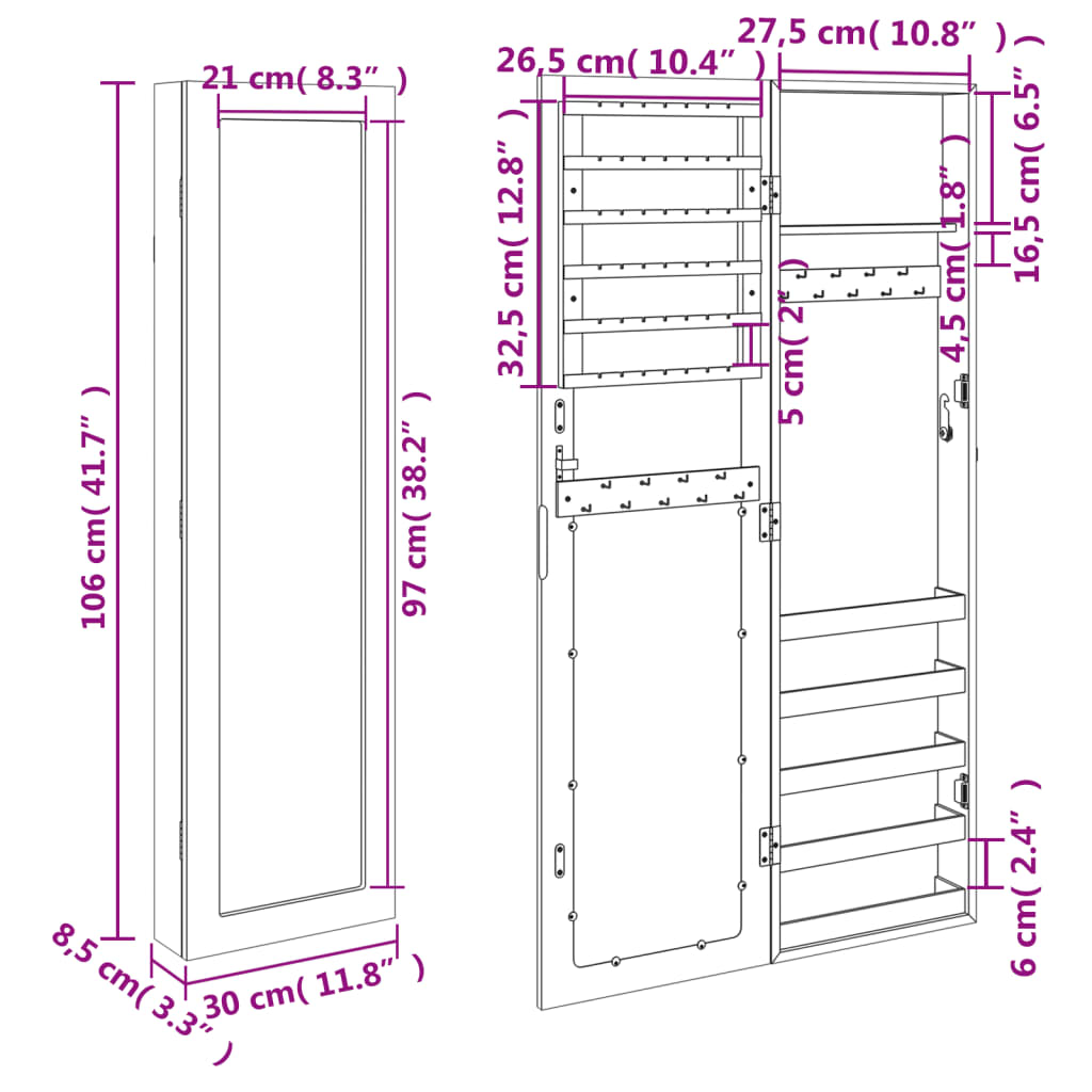 Armadio Portagioie con Specchio a Muro 30x8,5x106 cm