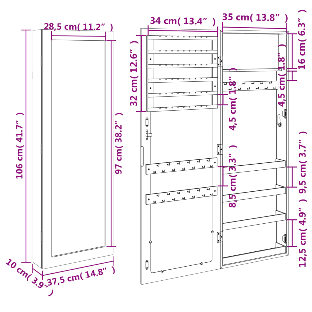 Armadio Portagioie con Specchio a Muro Nero 37,5x10x106 cm