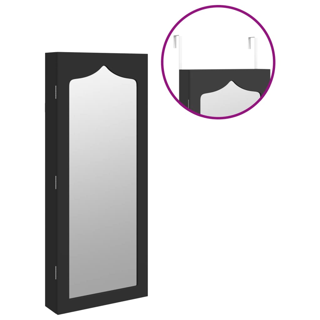 Armadio Portagioie con Specchio a Muro Nero 37,5x10x90 cm