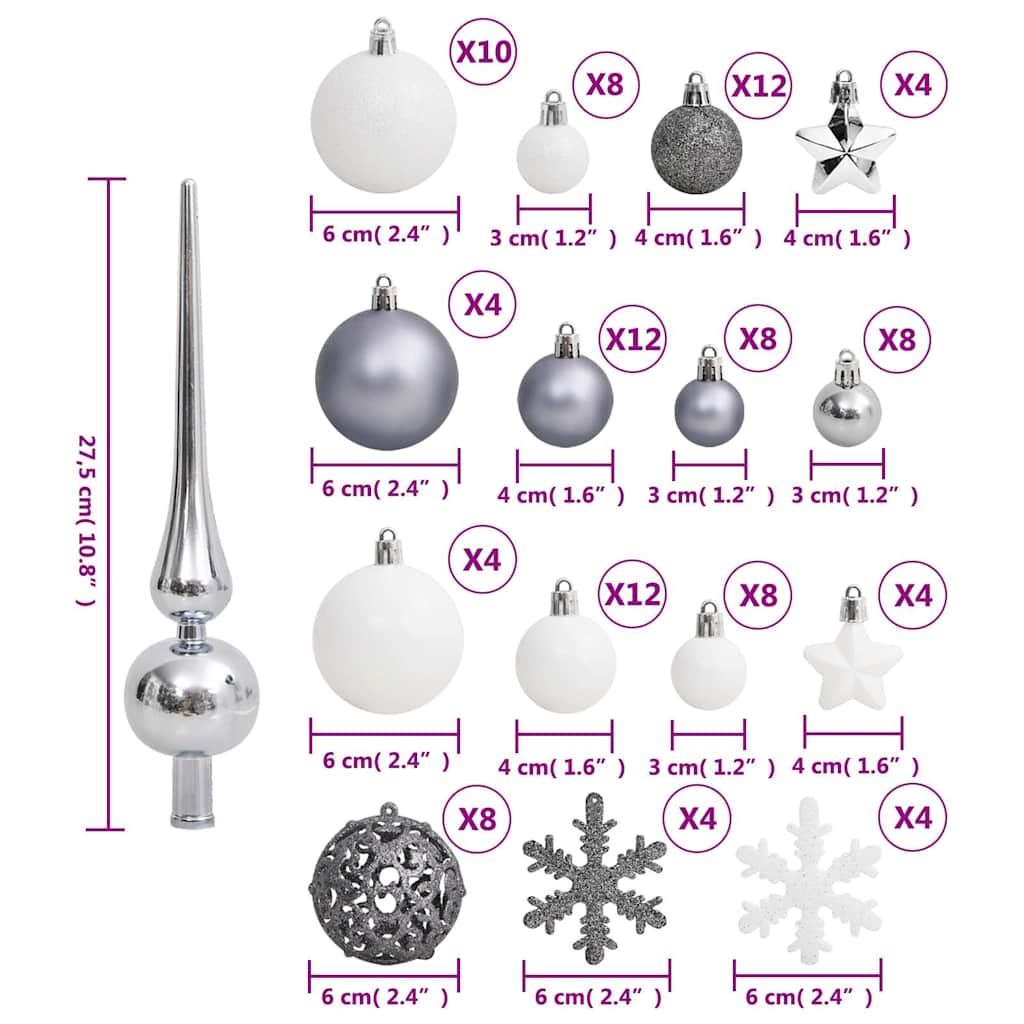 Set Palline di Natale 111 pz Bianco e Grigio in Polistirene