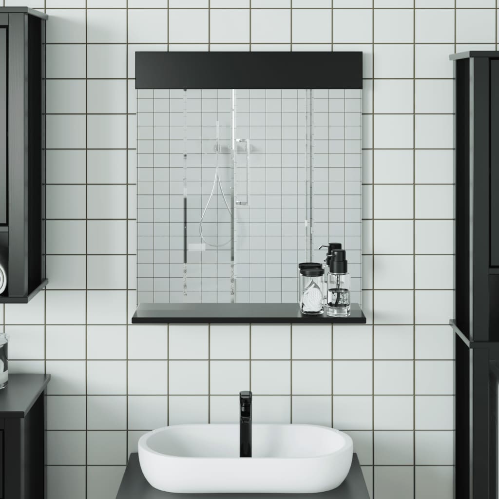 Specchio Bagno e Ripiano BERG Nero 60x12x70 cm Legno Massello