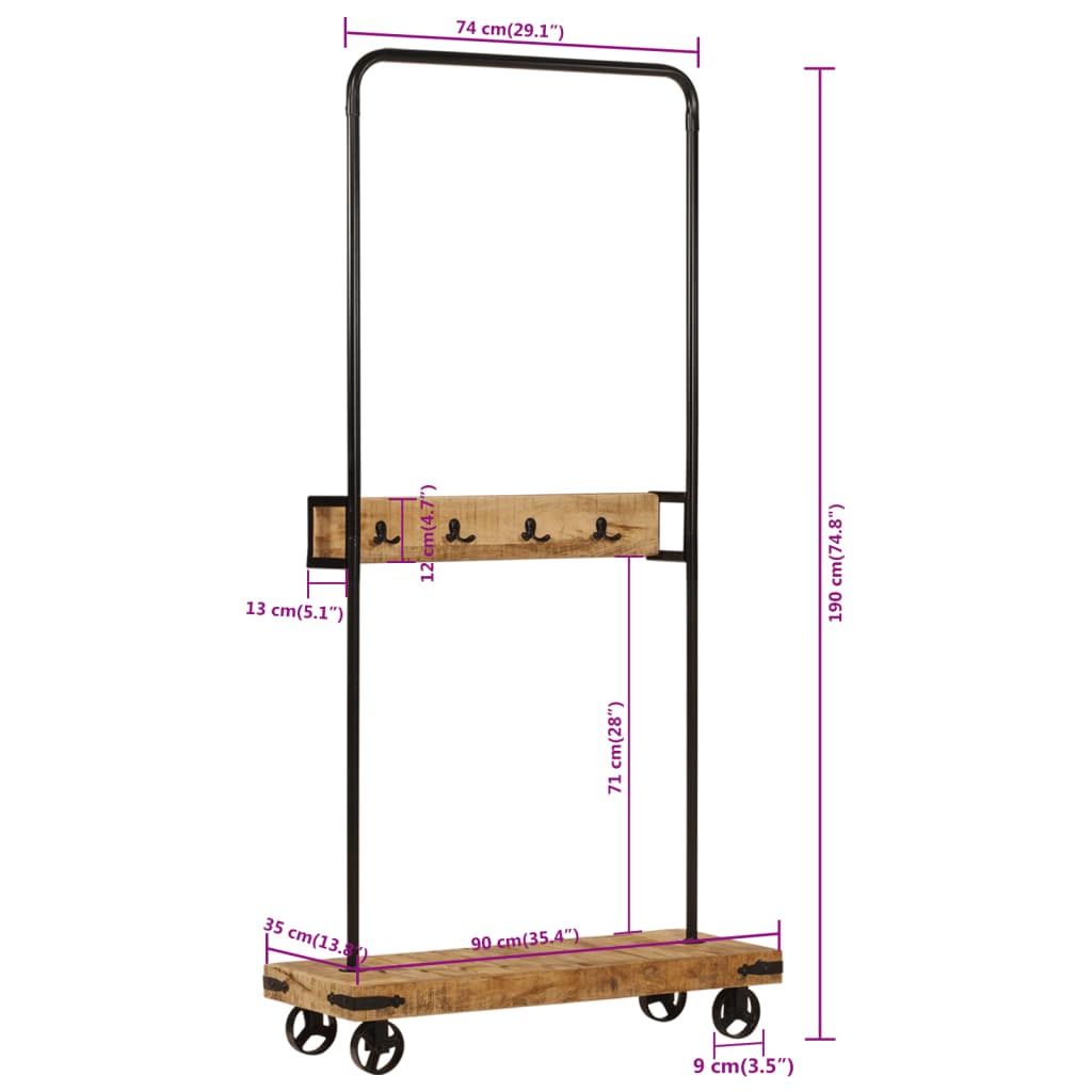 Appendiabiti con Ruote 90x35x190cm Legno Massello Mango e Ferro