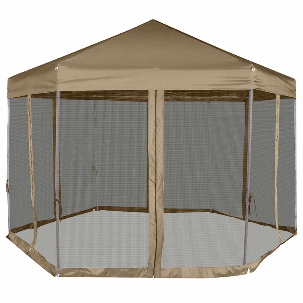 Tendone Esagono Pop-Up Pareti Laterali 3,6x3,1m Tortora 220g/m²