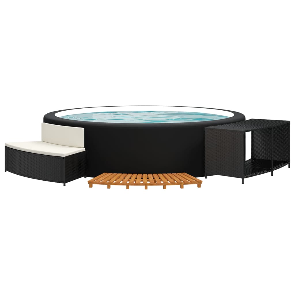 Bordo per Spa Nero in Polyrattan e Legno Massello di Acacia