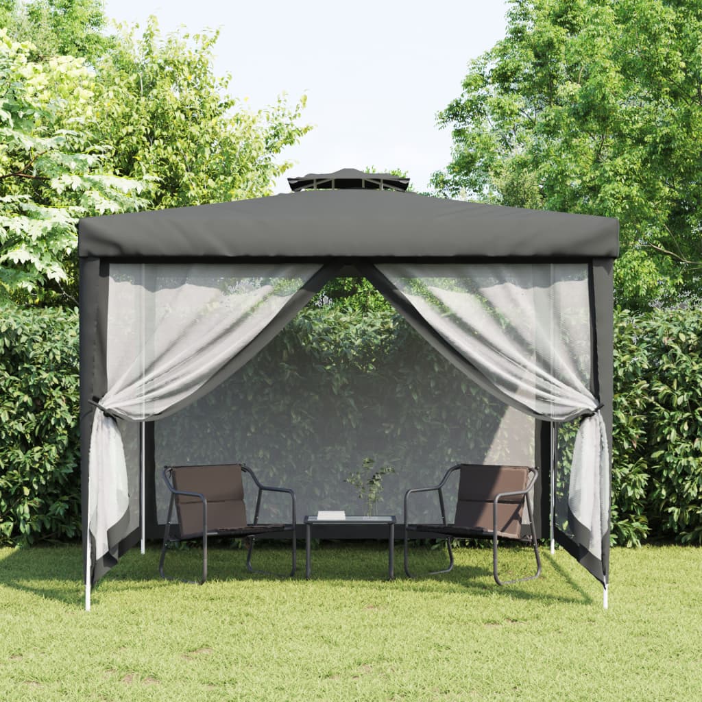Gazebo Antracite 3x3 m con Doppio Tetto in Poliestere