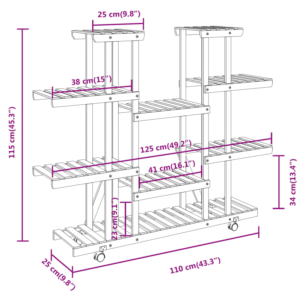 Portafiori con Ruote 110x25x115 cm in Legno Massello di Abete