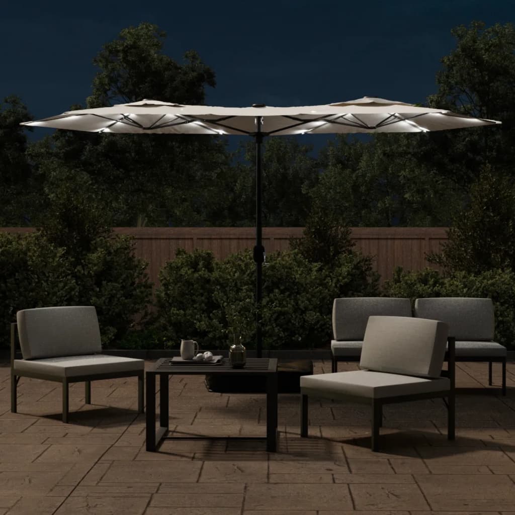Ombrellone a Doppia Testa con LED Bianco Sabbia 316x145 cm