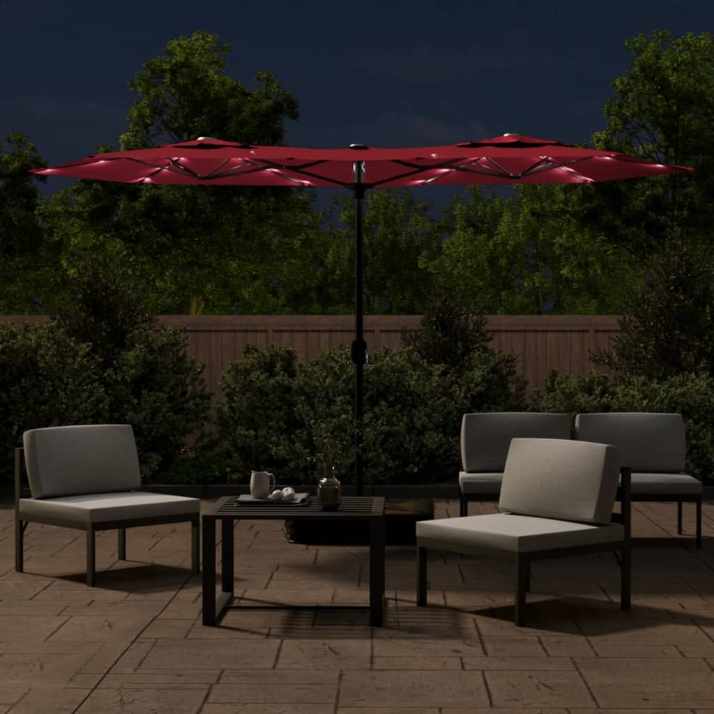 Ombrellone a Doppia Testa con LED Rosso Bordeaux 316x145 cm