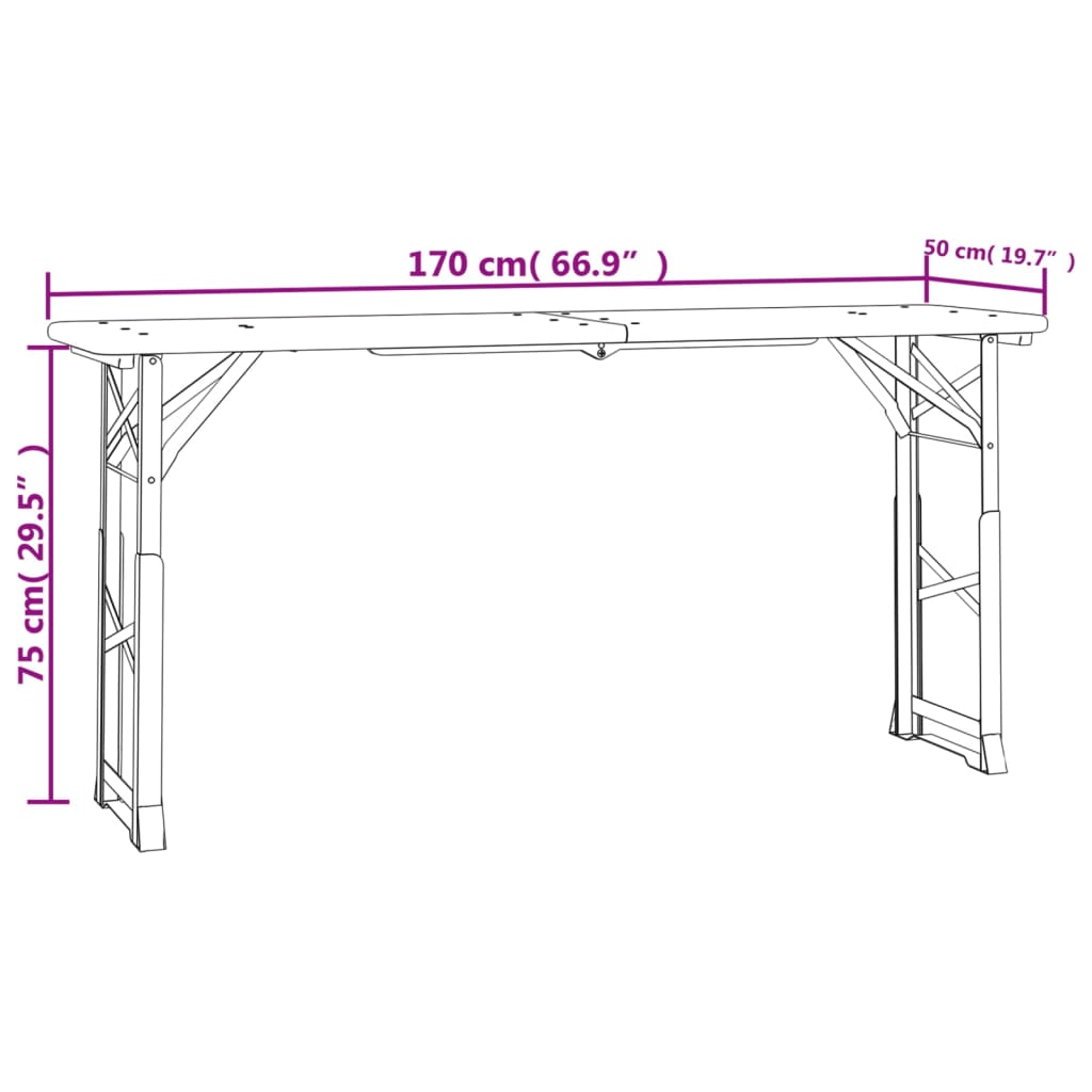 Tavolo Pieghevole Birreria 170x50x75/105cm Legno Massello Abete