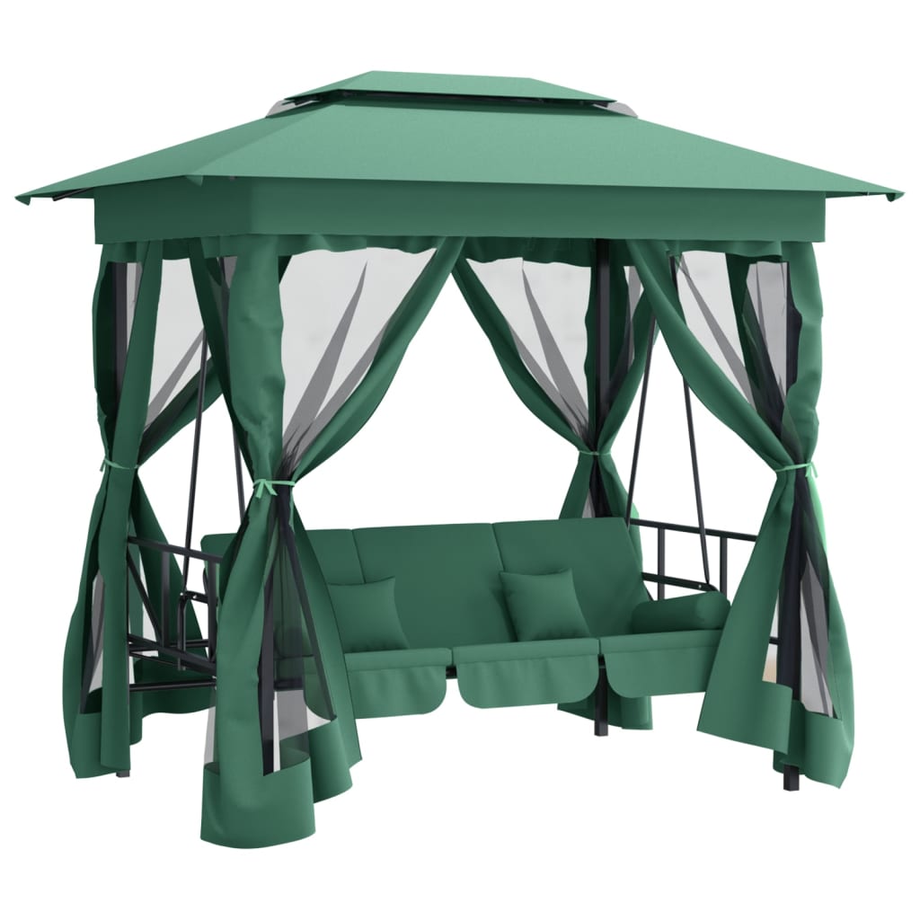 Gazebo con Panca a Dondolo Convertibile Verde Tessuto e Acciaio