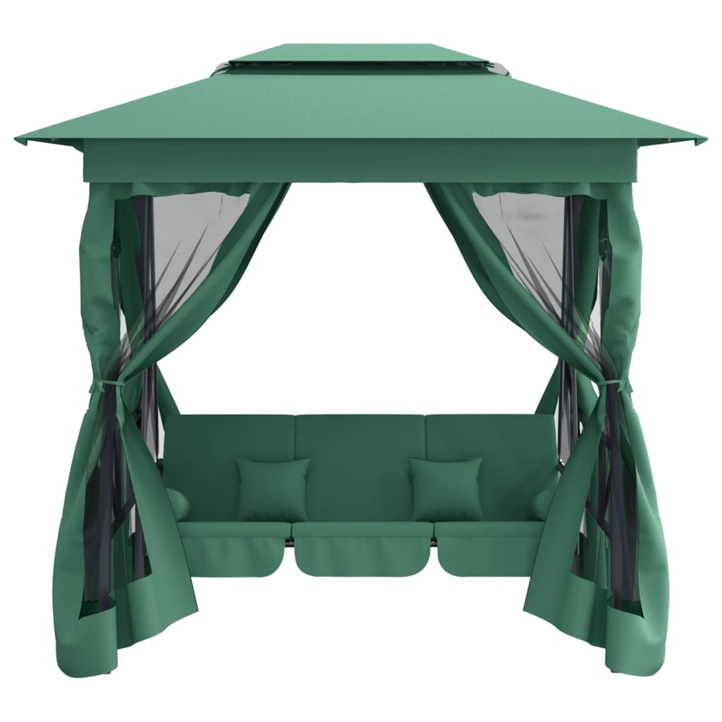 Gazebo con Panca a Dondolo Convertibile Verde Tessuto e Acciaio