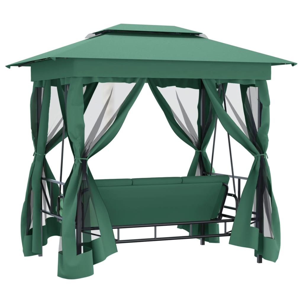 Gazebo con Panca a Dondolo Convertibile Verde Tessuto e Acciaio