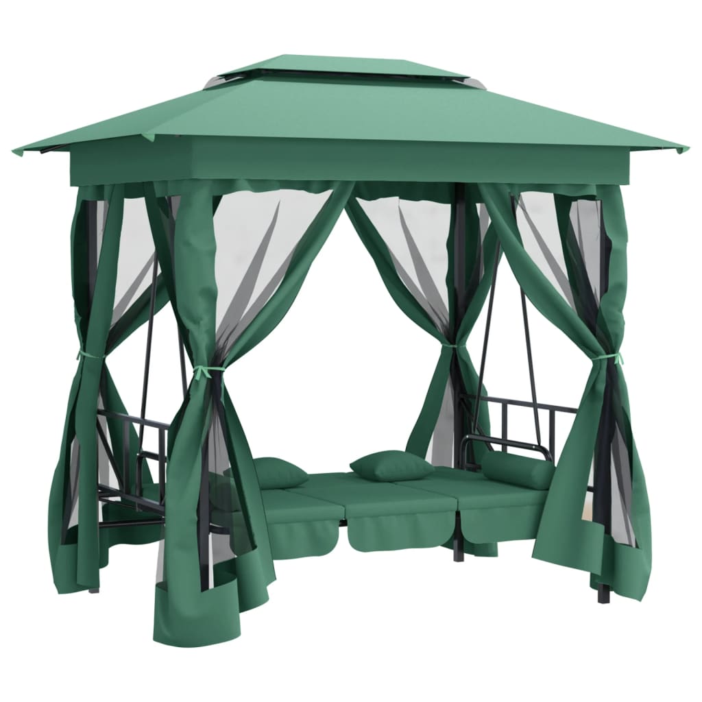 Gazebo con Panca a Dondolo Convertibile Verde Tessuto e Acciaio