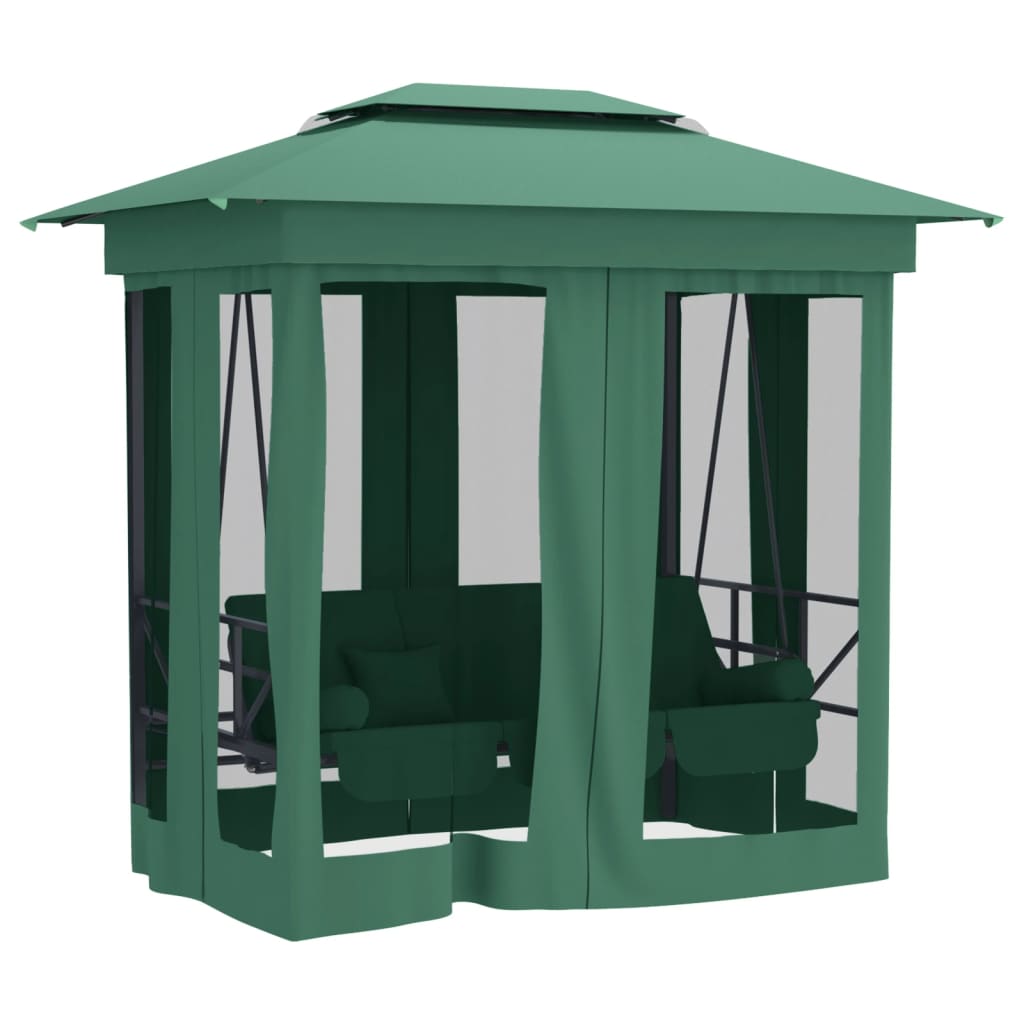 Gazebo con Panca a Dondolo Convertibile Verde Tessuto e Acciaio