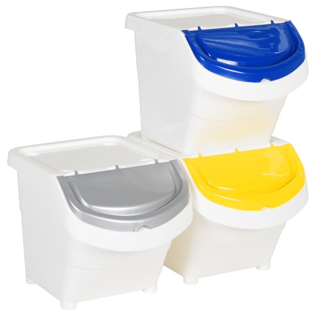 Cestini per Rifiuti Impilabili con Coperchi 3pz Bianchi PP 78 L
