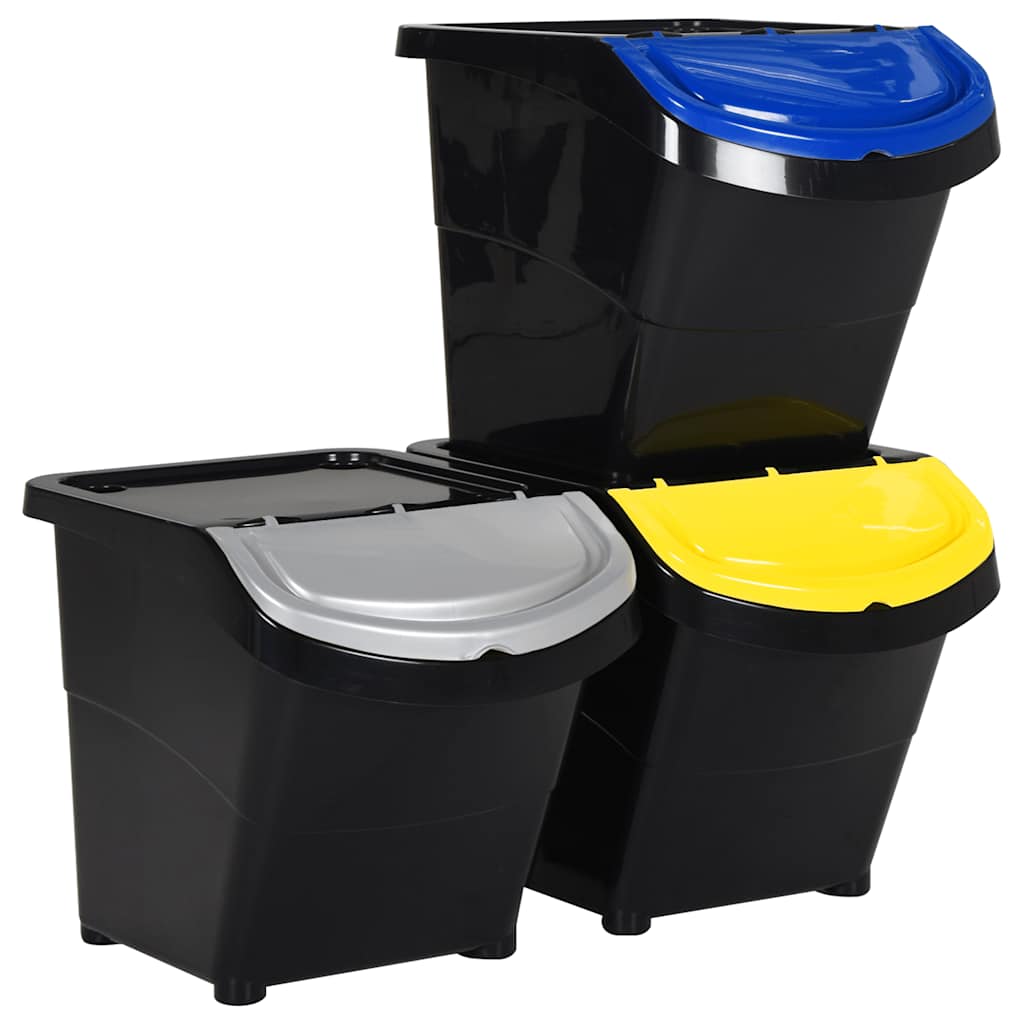 Cestini per Rifiuti Impilabili con Coperchi 3pz Neri in PP 78 L