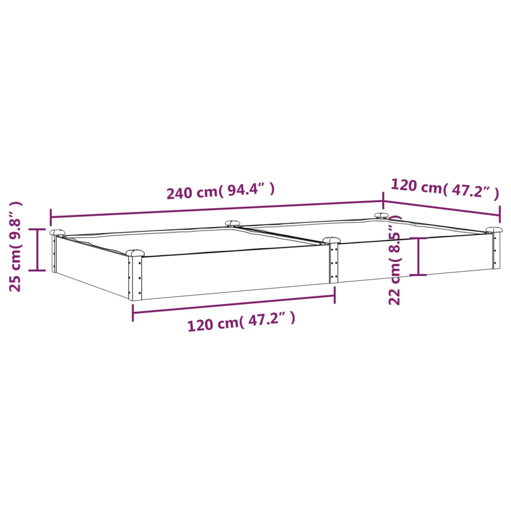 Fioriera Giardino con Fodera Grigia 240x120x25cm Massello Abete