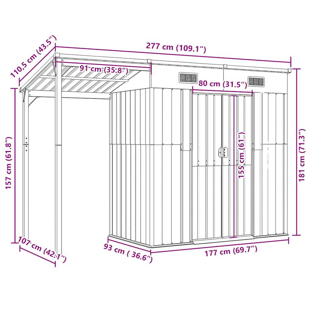 Capanno Giardino Tetto Esteso Marrone 277x107x181cm Acciaio