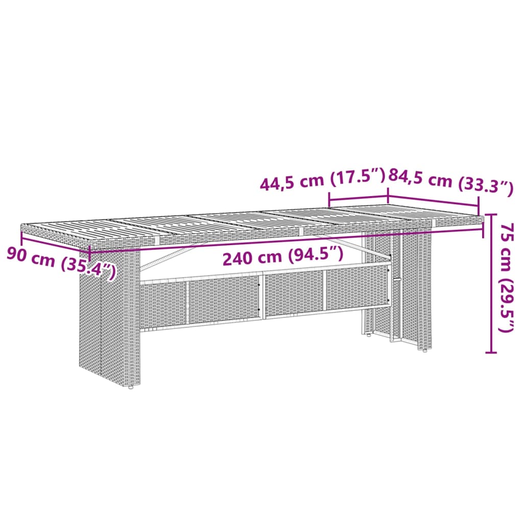 Tavolo Giardino Piano Legno Acacia Nero 240x90x75 cm Polyrattan