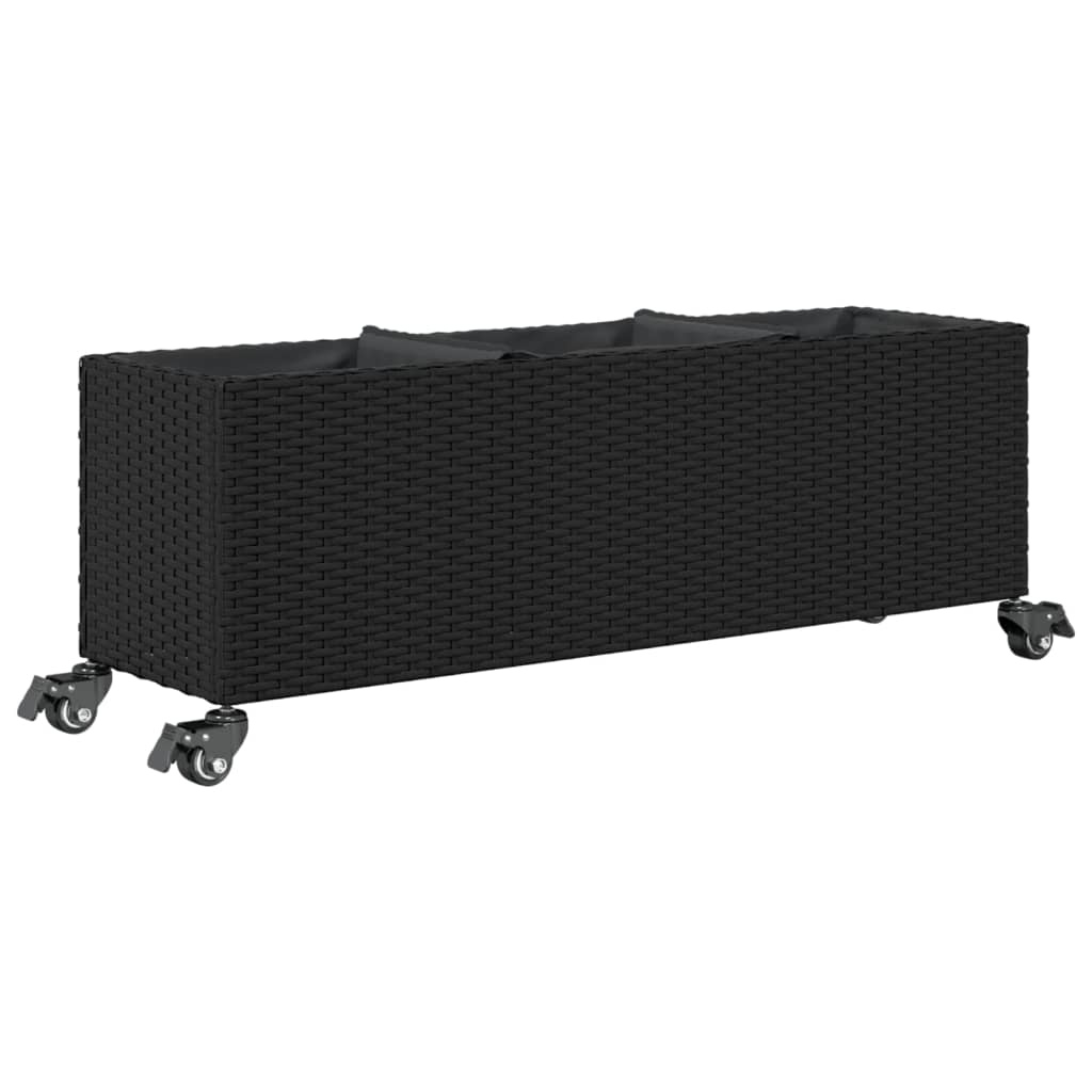 Fioriera con Ruote e 3 Vasi Nera 107x32x38 cm in Polyrattan