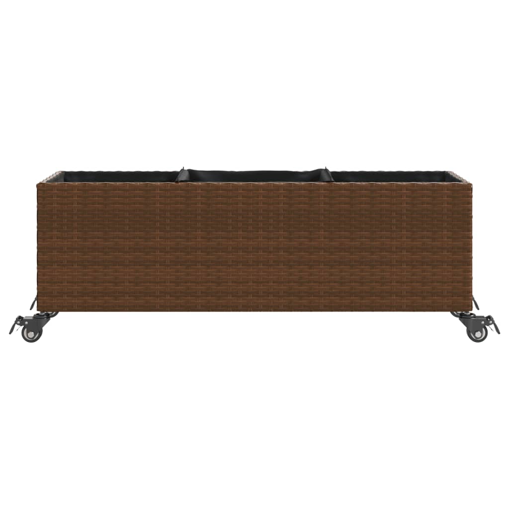 Fioriera con Ruote e 3 Vasi Marrone 107x32x38 cm in Polyrattan