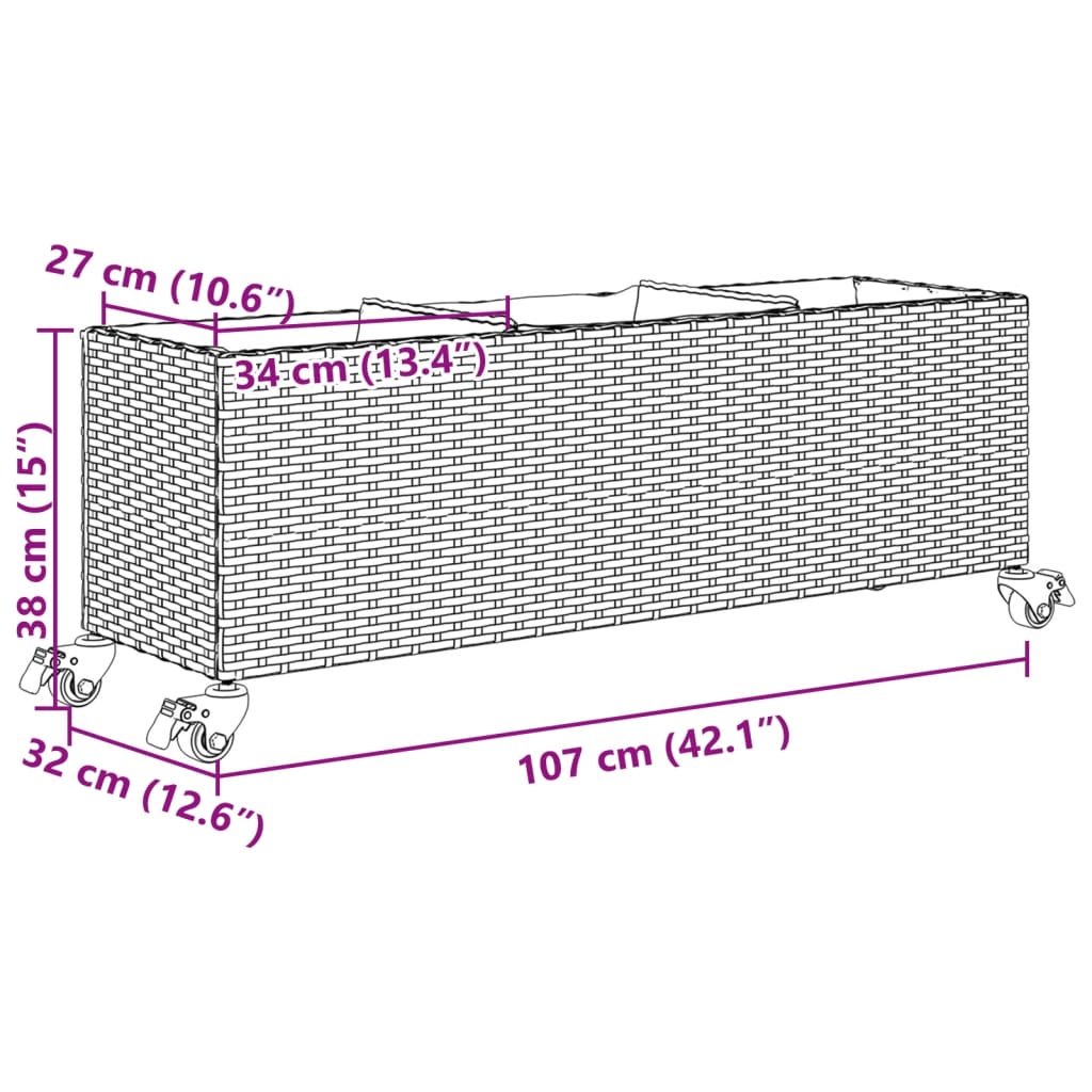 Fioriera con Ruote e 3 Vasi Grigia 107x32x38 cm in Polyrattan