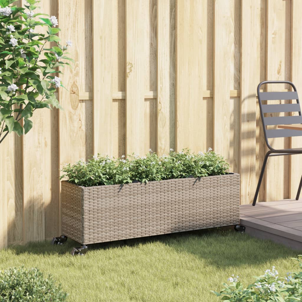 Fioriera con Ruote e 3 Vasi Grigia 107x32x38 cm in Polyrattan