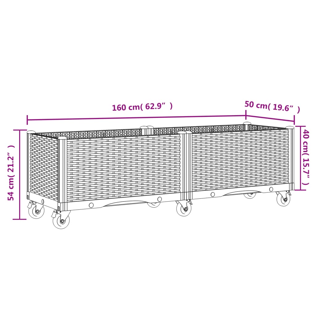 Fioriera da Giardino con Ruote Marrone 160x50x54 cm in PP