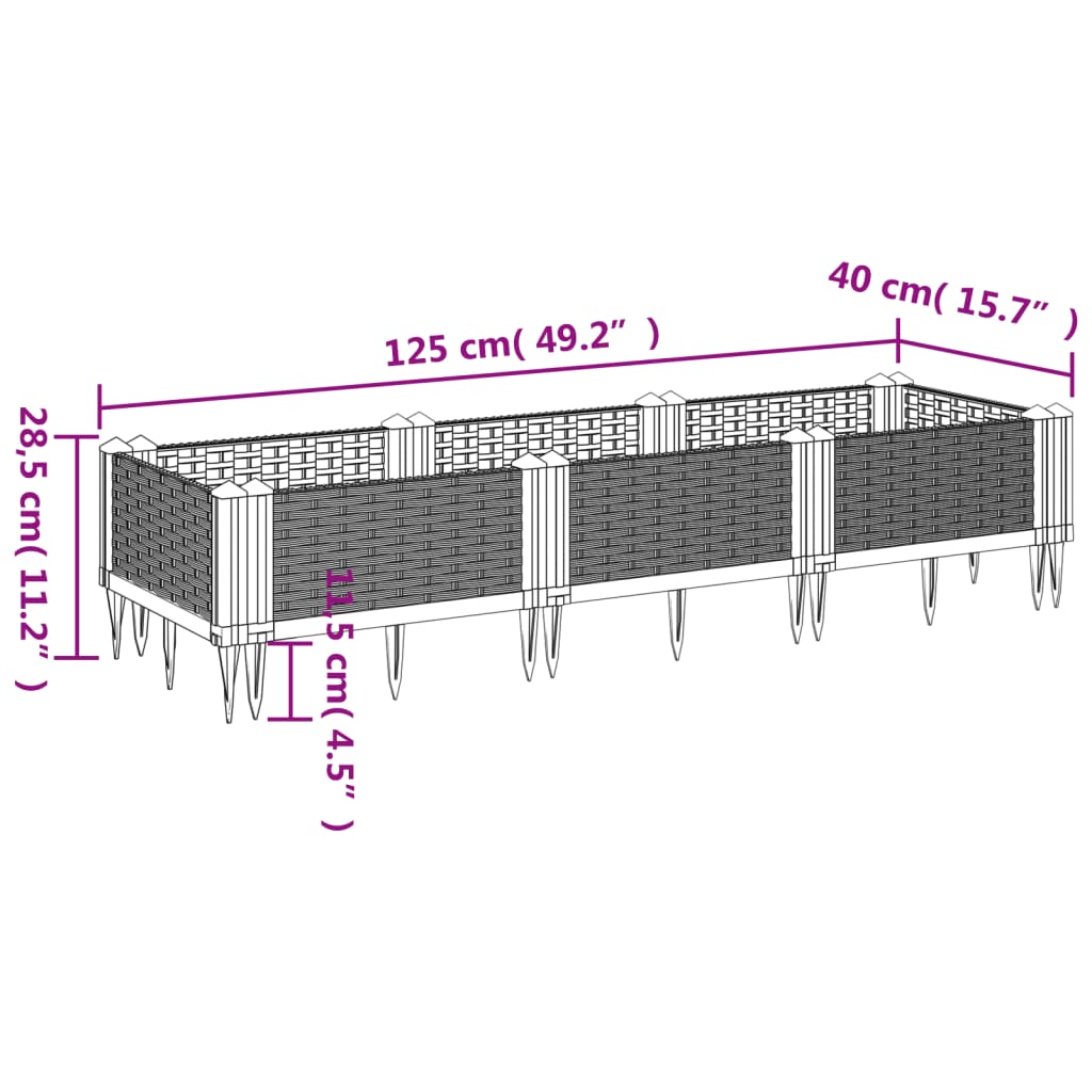 Fioriera Giardino con Picchetti Grigio Chiaro 125x40x28,5 cm PP