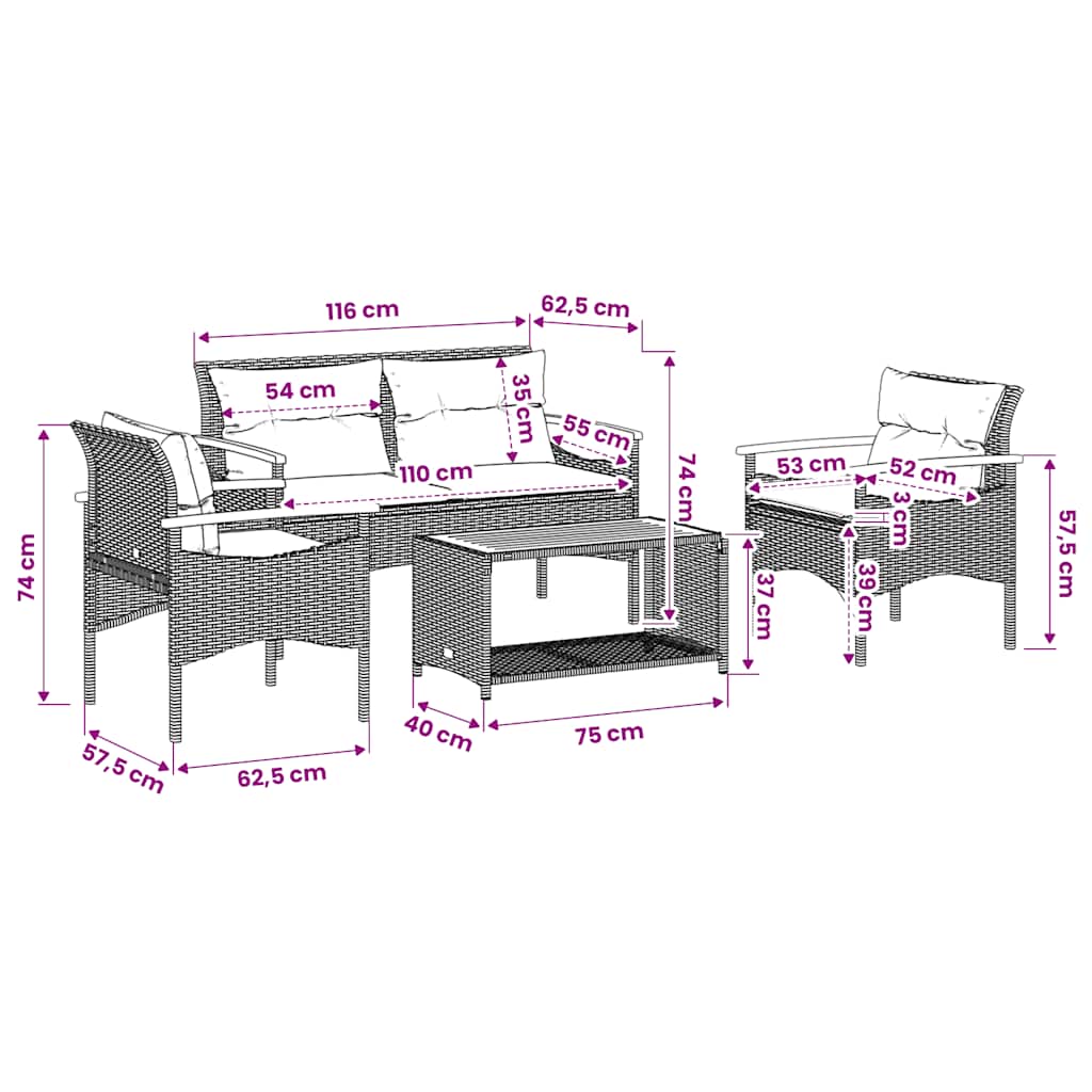 Set Divani da Giardino 4 pz con Cuscini in Polyrattan Grigio