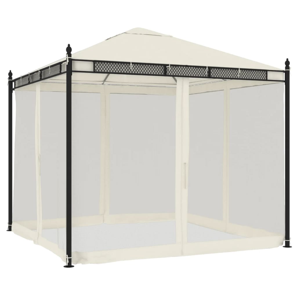 Gazebo con Pareti in Rete Crema 2,93x2,93 m in Acciaio