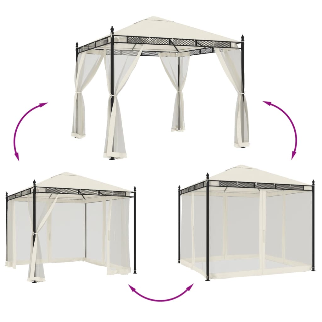 Gazebo con Pareti in Rete Crema 2,93x2,93 m in Acciaio