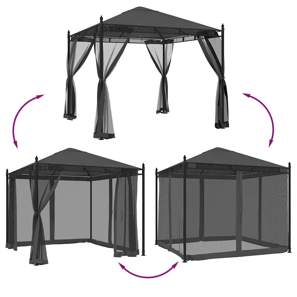 Gazebo con Pareti in Rete Antracite 2,93x2,93 m in Acciaio