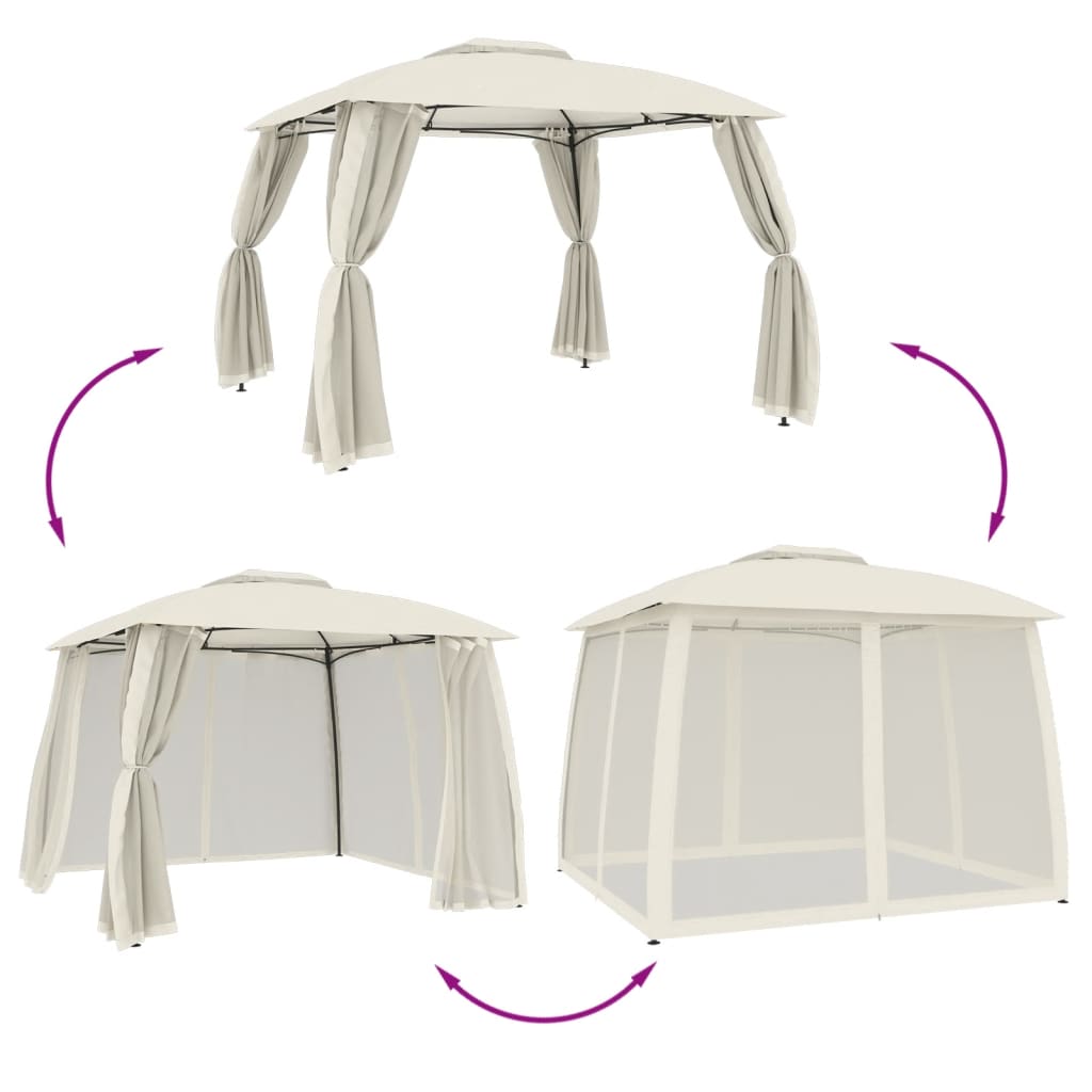 Gazebo con Tetto Doppio e Pareti Rete Crema 2,93x2,93 m Acciaio