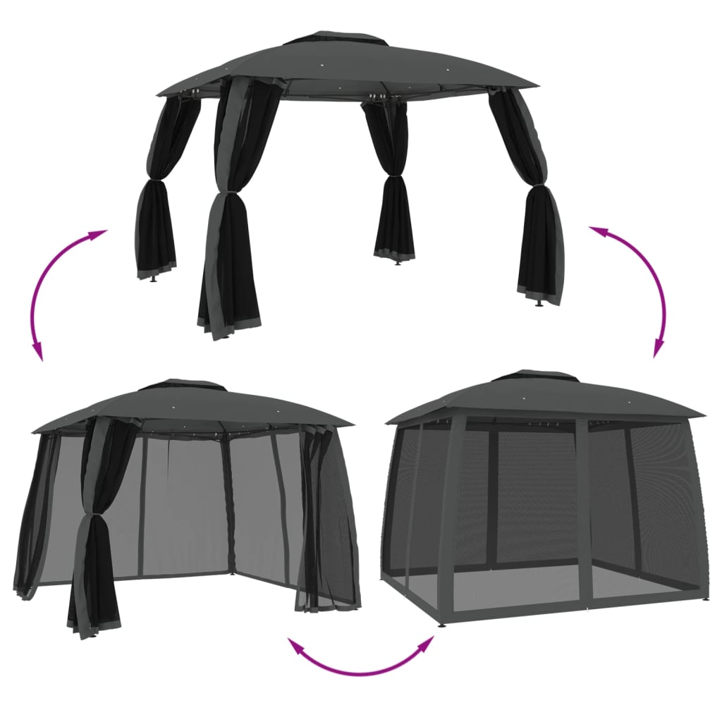 Gazebo Tetto Doppio e Pareti Rete Antracite 2,93x2,93 m Acciaio