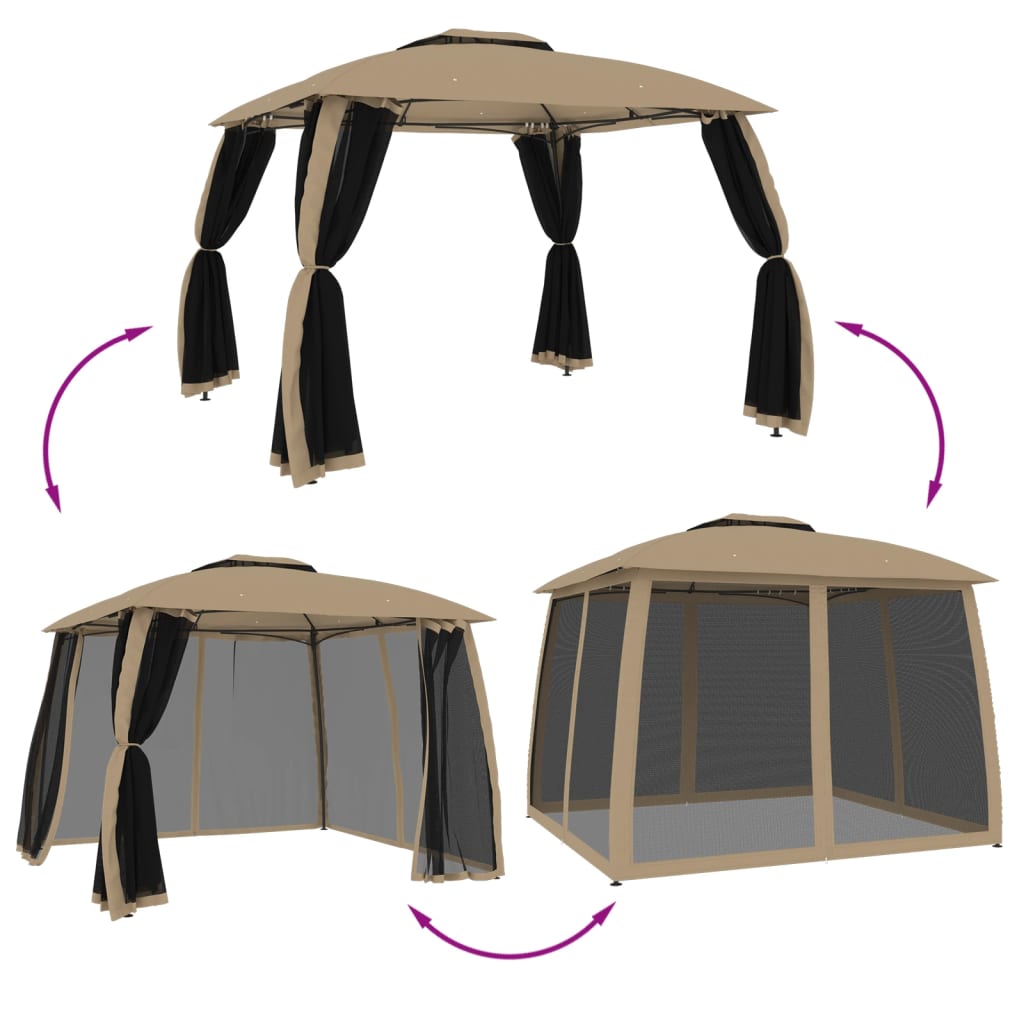 Gazebo con Tetto Doppio/Pareti Rete Tortora 2,93x2,93 m Acciaio