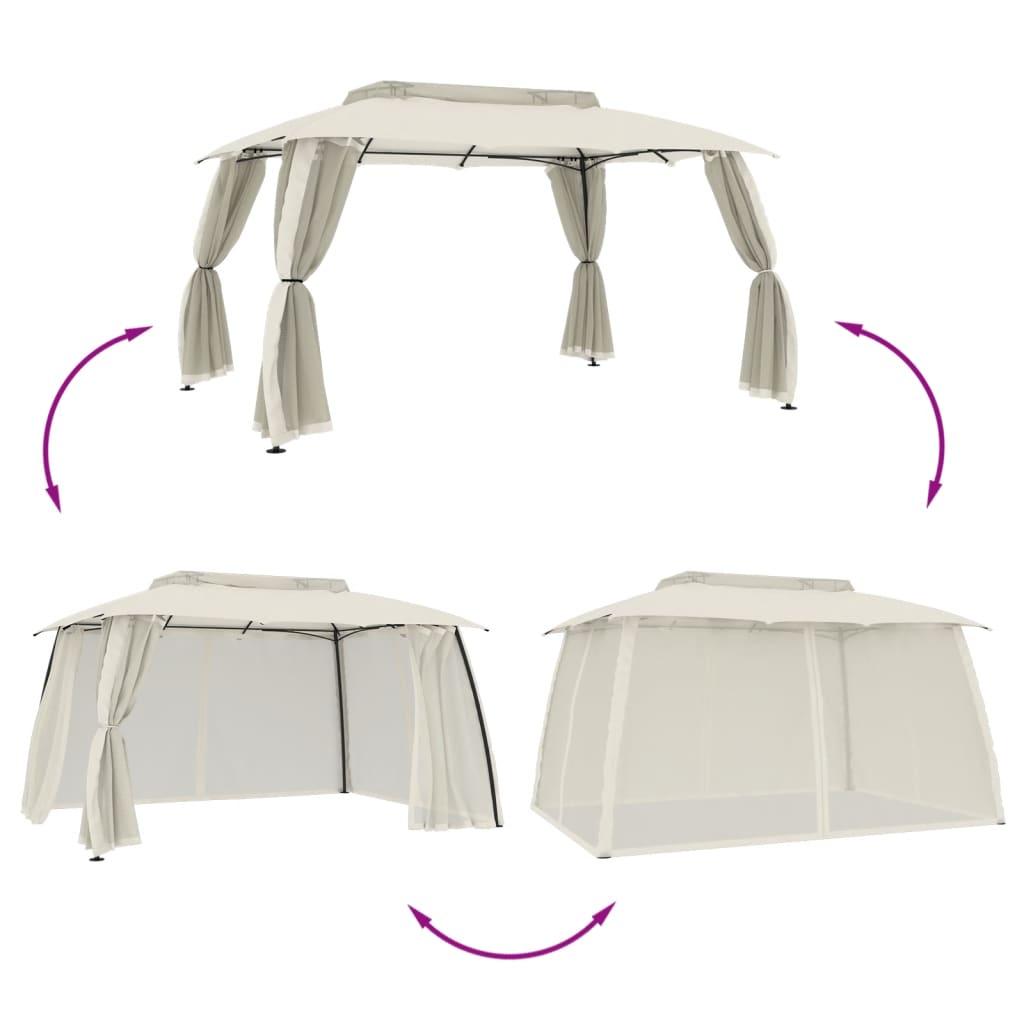 Gazebo con Tetto Doppio e Pareti Rete Crema 3,93x2,93 m Acciaio